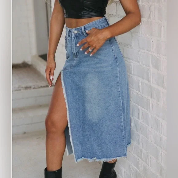 Veveret Frayed Slit Asymmetric Denim Midi Skirt  Sz M - Picture 4 of 12